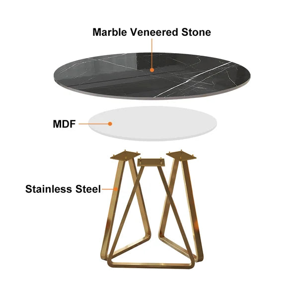 47'' Black Modern Round Faux Marble Dining Table for 6 Person Gold Steel Pedestal Base