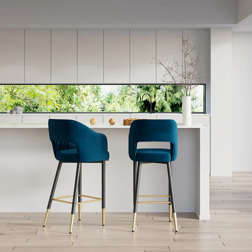 Modern Blue Velvet Bar Stool with Back & Metal Footrest