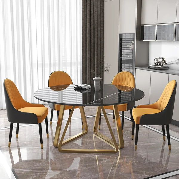 47'' Black Modern Round Faux Marble Dining Table for 6 Person Gold Steel Pedestal Base