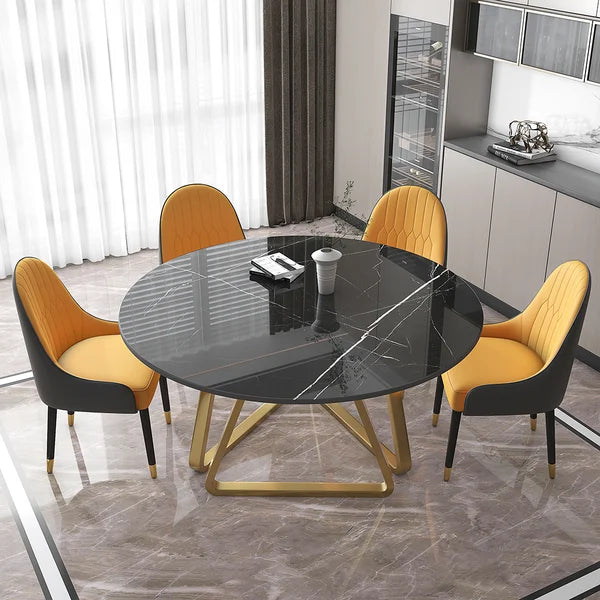 47'' Black Modern Round Faux Marble Dining Table for 6 Person Gold Steel Pedestal Base