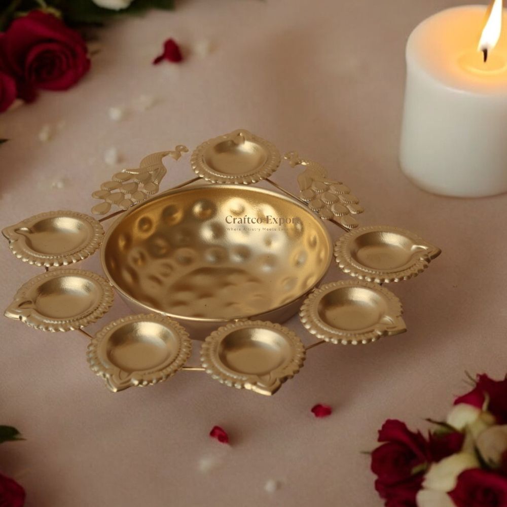 Metal Peacock Design Floating Flowers Diya Urli Bowl Pack 8