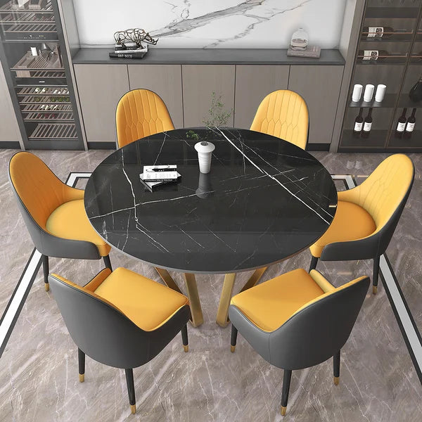 47'' Black Modern Round Faux Marble Dining Table for 6 Person Gold Steel Pedestal Base
