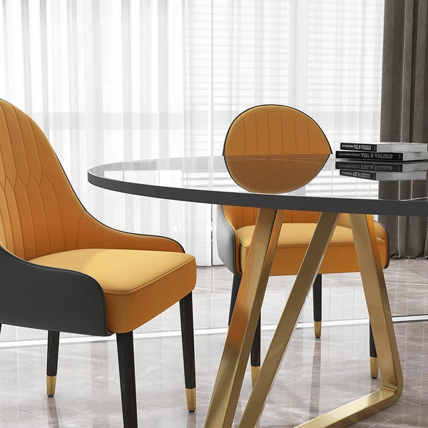 47'' Black Modern Round Faux Marble Dining Table for 6 Person Gold Steel Pedestal Base