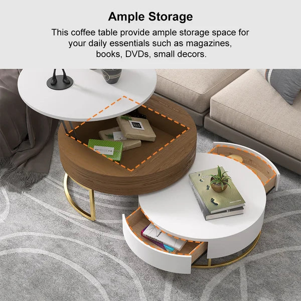 Nesnesis Round Wood Lift-top Nesting Coffee Table with Rotatable Drawers White & Walnut