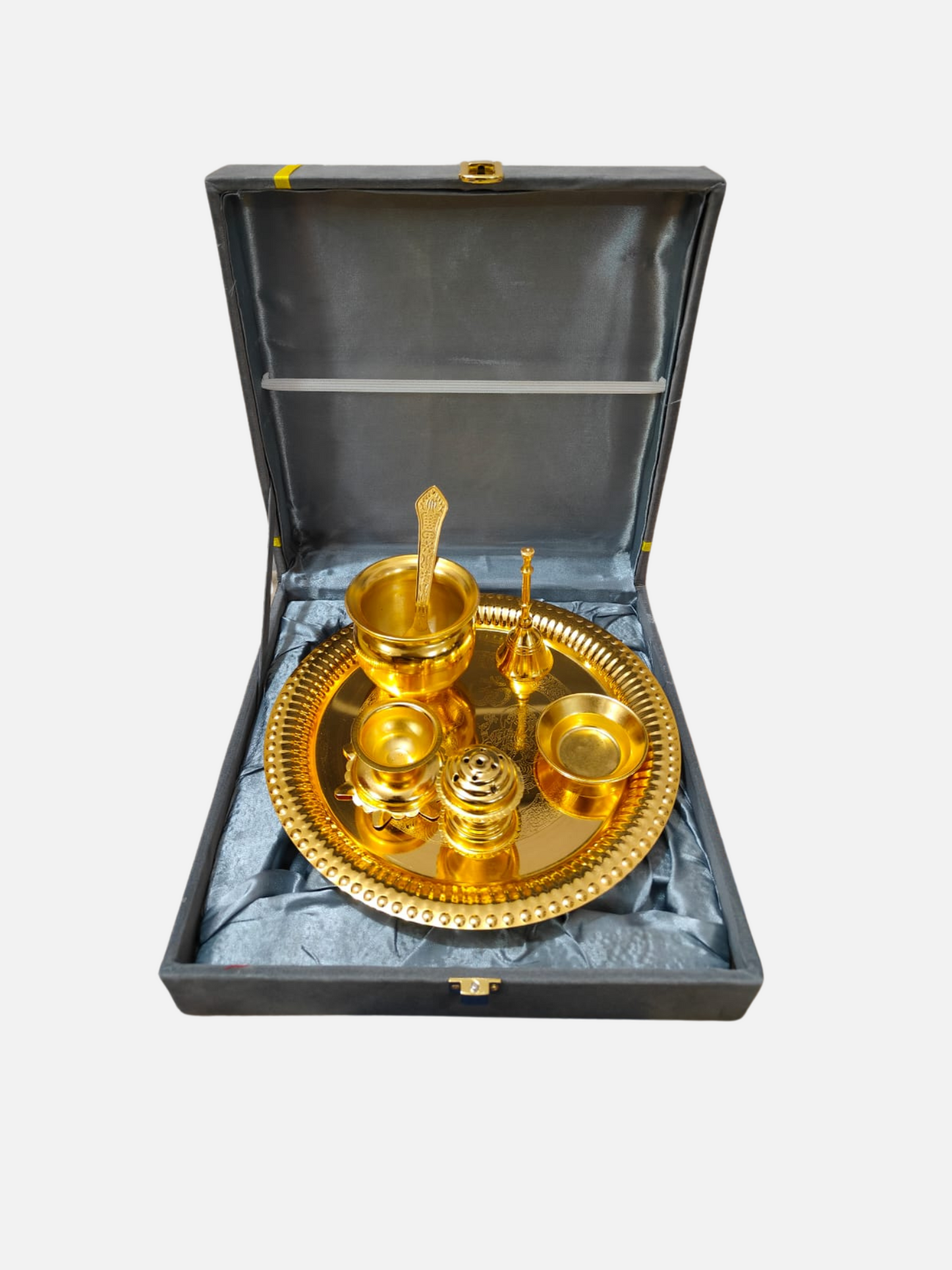 German Silver Gold Plated Pooja Thali With Royal Box