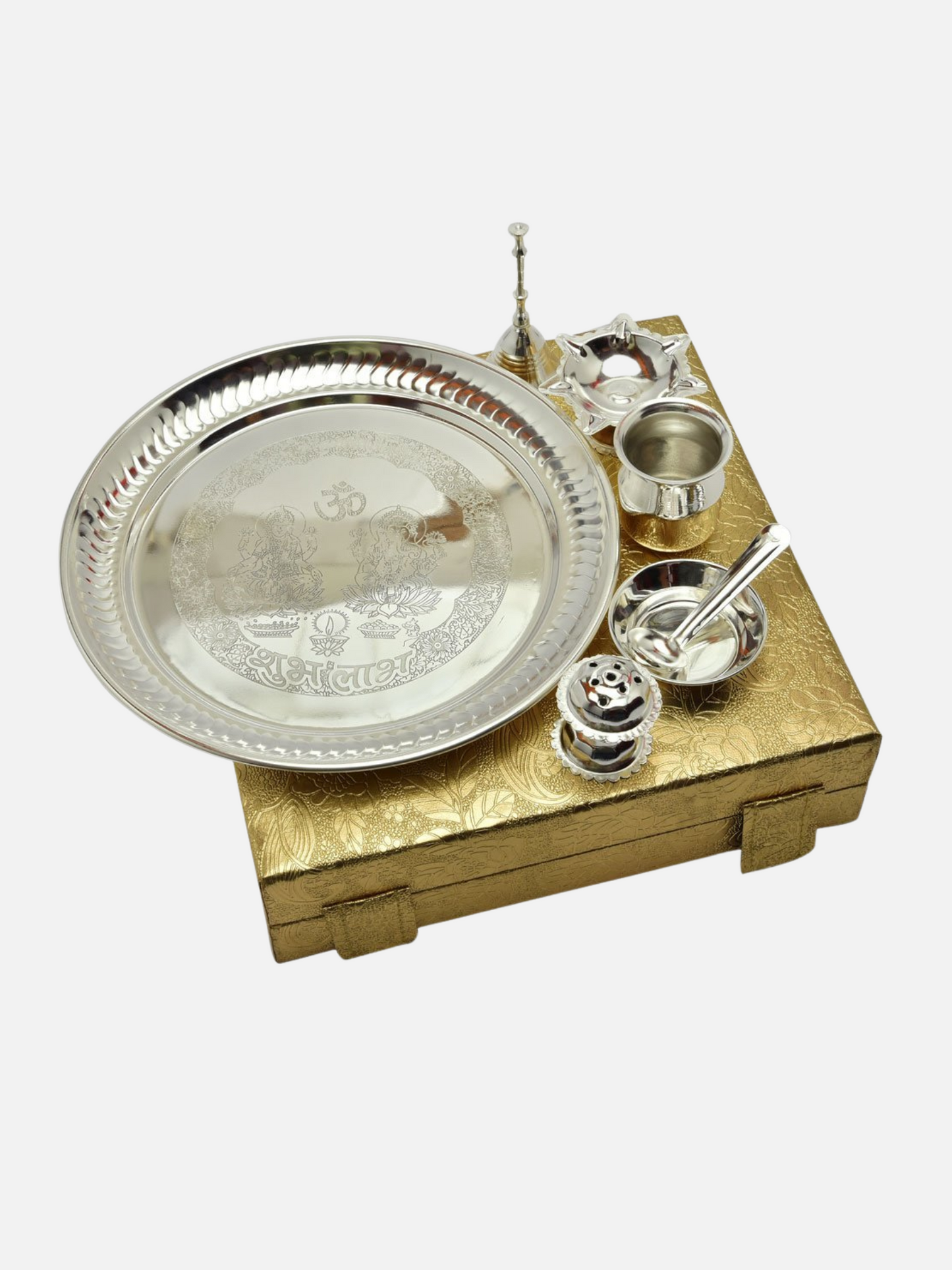 German Silver God Laxmi Ganesh Embossed Pooja Thali