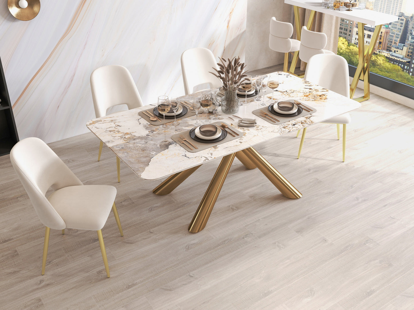 Stainless Steel 6 Seater Marble Top Dining Set