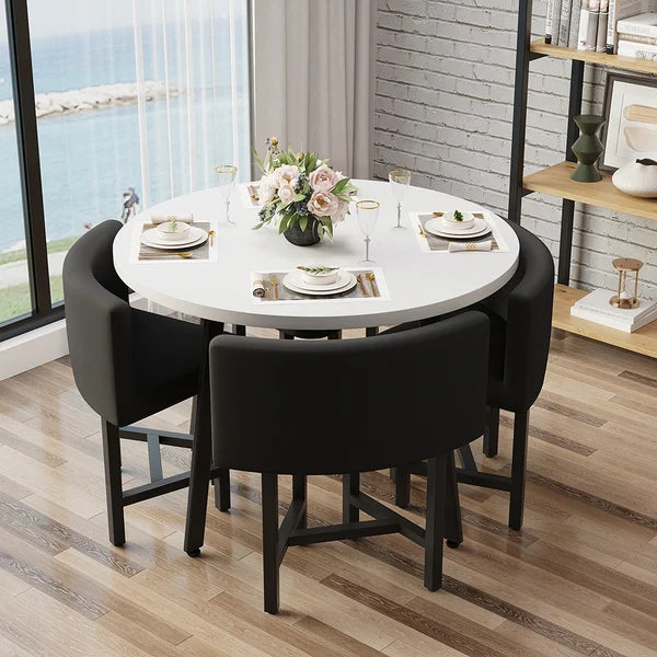 40' Round Wooden Small Nesting Dining Table Set for 4 Black Upholstered Chairs