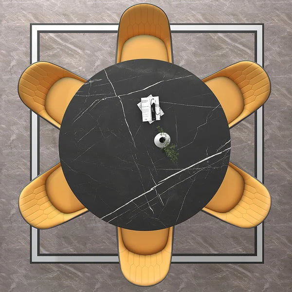 47'' Black Modern Round Faux Marble Dining Table for 6 Person Gold Steel Pedestal Base