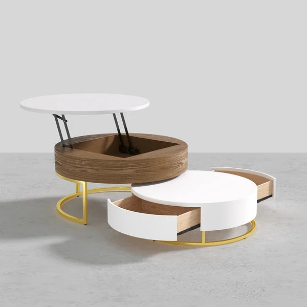 Nesnesis Round Wood Lift-top Nesting Coffee Table with Rotatable Drawers White & Walnut