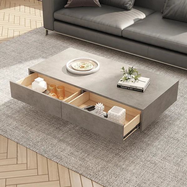 Rectangle Concrete Gray Coffee Table with 2 Drawers