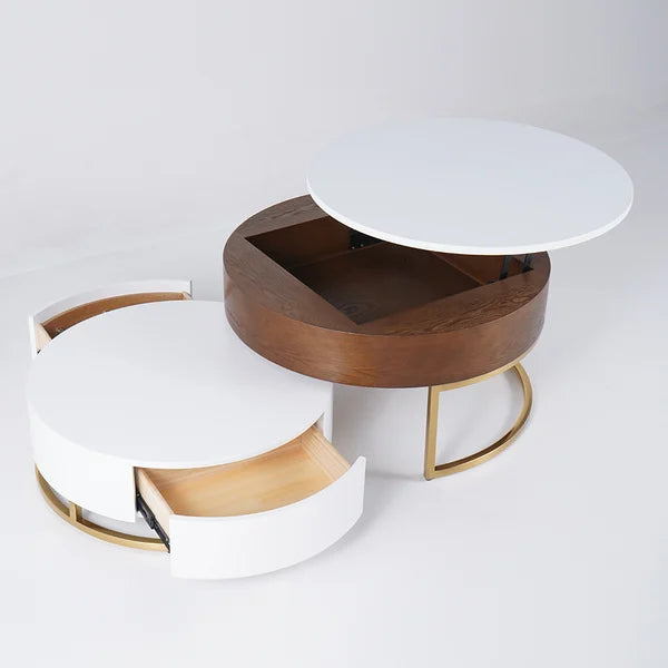 Nesnesis Round Wood Lift-top Nesting Coffee Table with Rotatable Drawers White & Walnut