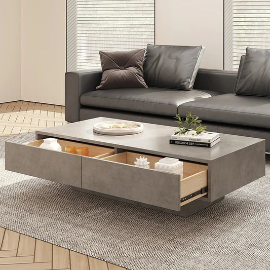 Rectangle Concrete Gray Coffee Table with 2 Drawers