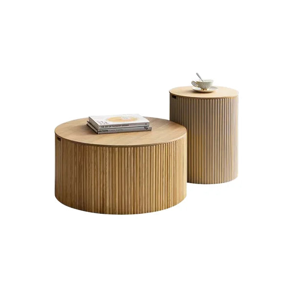 Japandi Round Wood Coffee Table Set of 2 with Storage in Natural