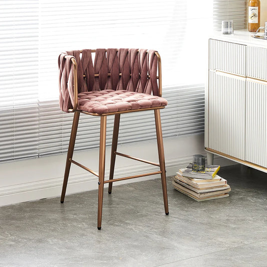 Modern Pink Velvet Counter Stools Set of 2 with Back & Footrest & Gold Frame