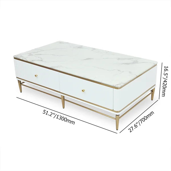 White Faux Marble Rectangle Coffee Table in Gold with Storage 4 Drawers