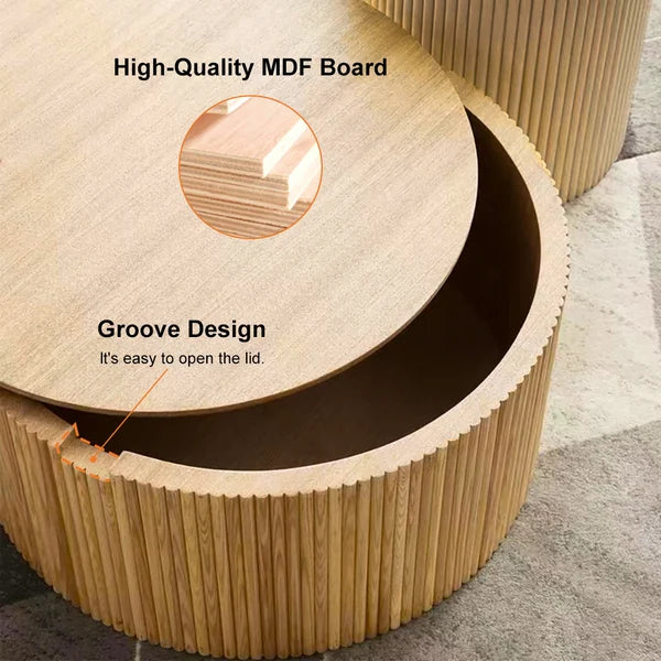 Japandi Round Wood Coffee Table Set of 2 with Storage in Natural