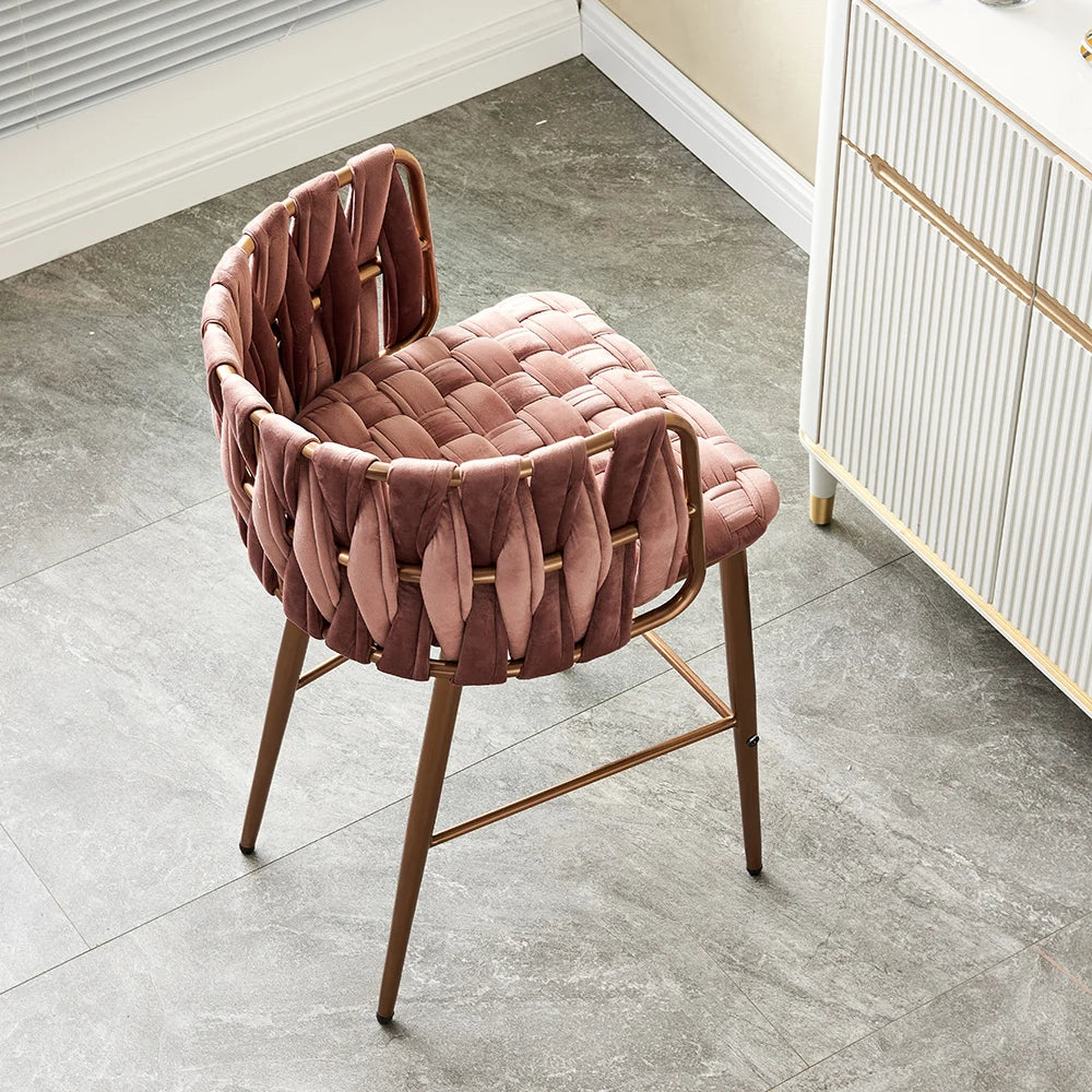 Modern Pink Velvet Counter Stools Set of 2 with Back & Footrest & Gold Frame