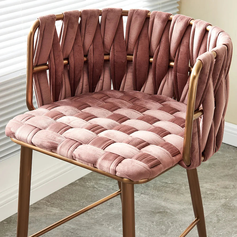 Modern Pink Velvet Counter Stools Set of 2 with Back & Footrest & Gold Frame