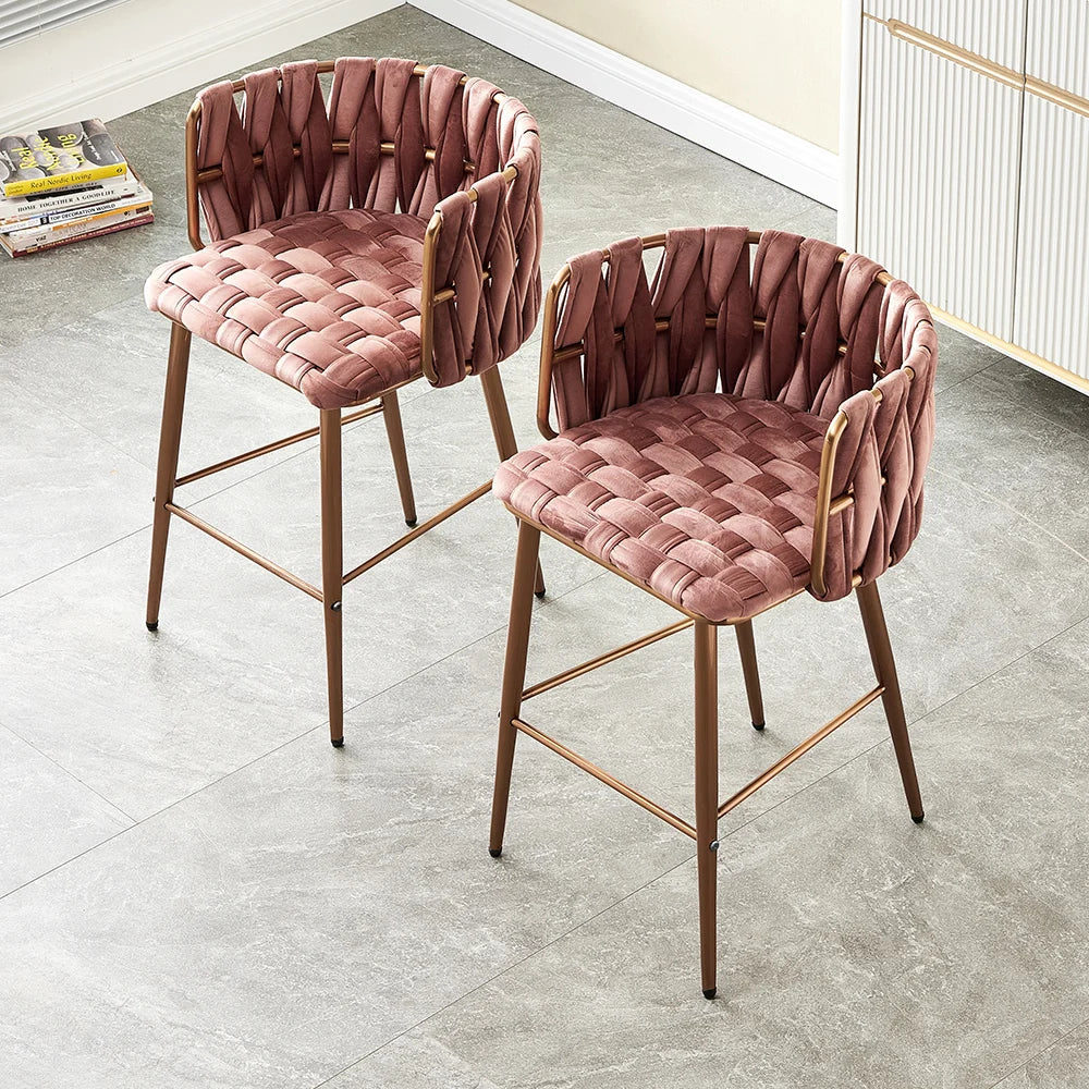 Modern Pink Velvet Counter Stools Set of 2 with Back & Footrest & Gold Frame