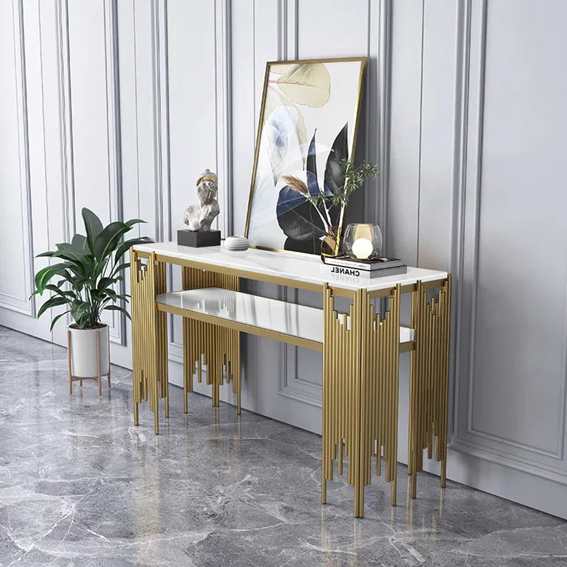 Modern White Faux Marble Narrow Console Table