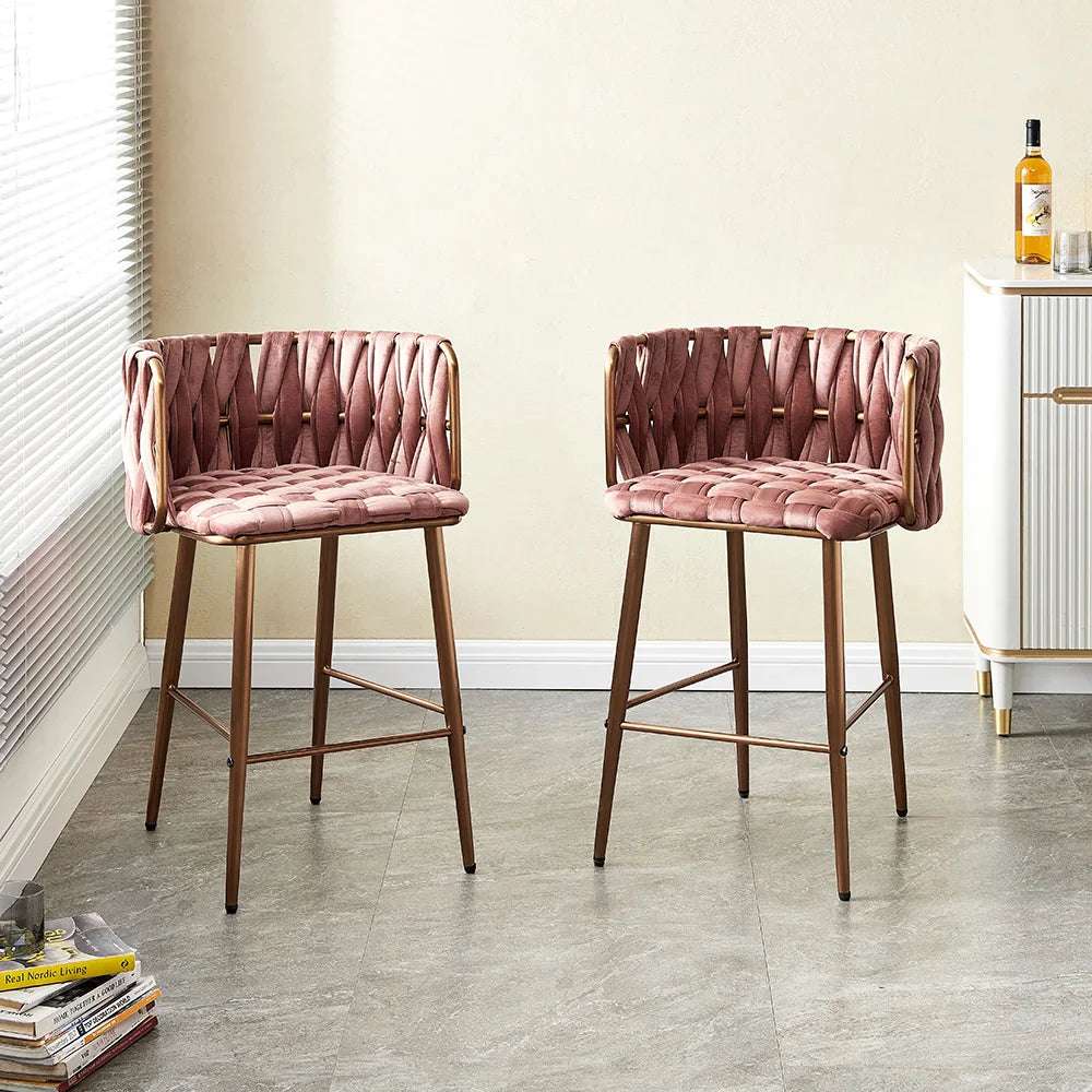 Modern Pink Velvet Counter Stools Set of 2 with Back & Footrest & Gold Frame