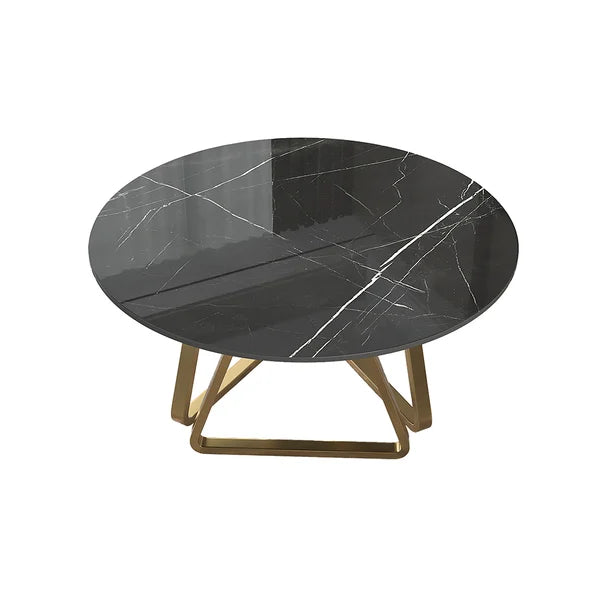 47'' Black Modern Round Faux Marble Dining Table for 6 Person Gold Steel Pedestal Base