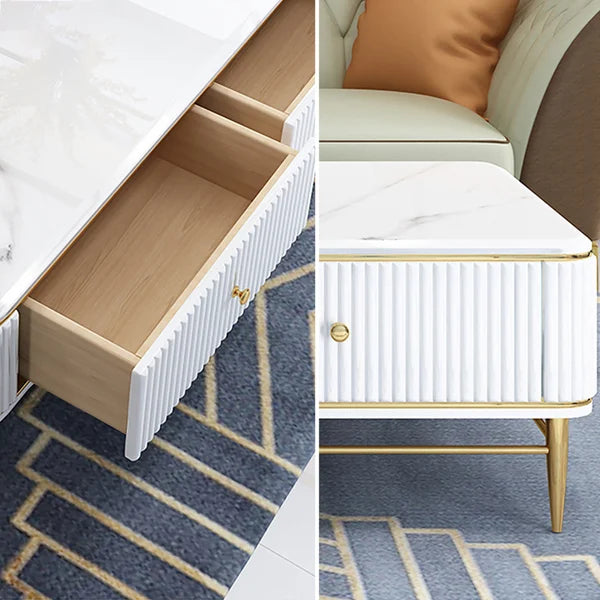 White Faux Marble Rectangle Coffee Table in Gold with Storage 4 Drawers