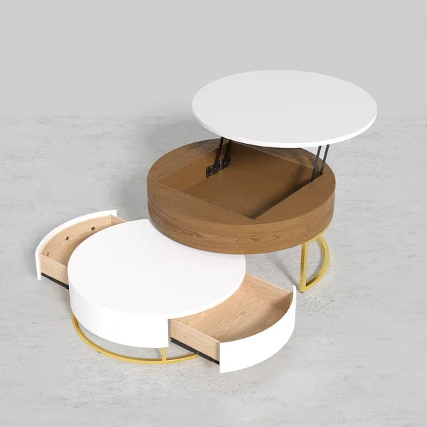Nesnesis Round Wood Lift-top Nesting Coffee Table with Rotatable Drawers White & Walnut
