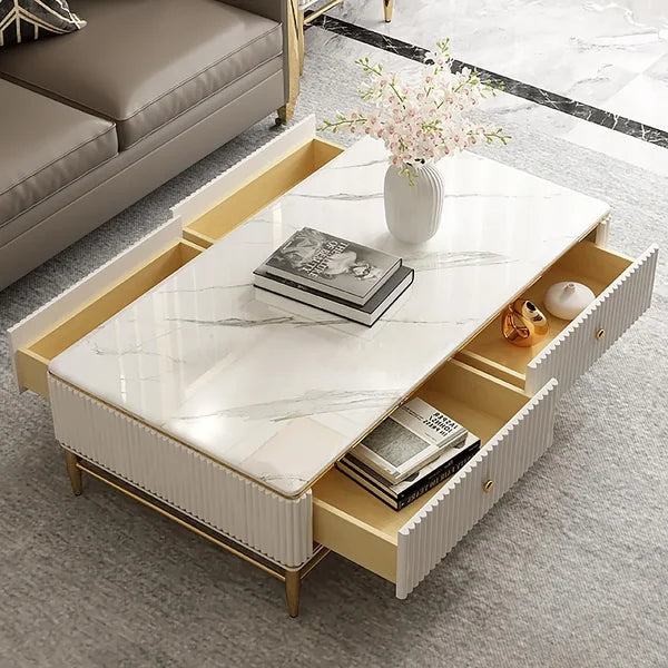 White Faux Marble Rectangle Coffee Table in Gold with Storage 4 Drawers