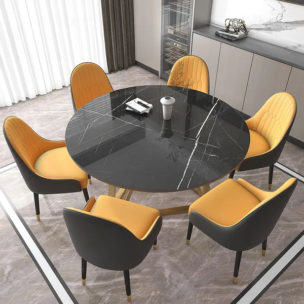 47'' Black Modern Round Faux Marble Dining Table for 6 Person Gold Steel Pedestal Base