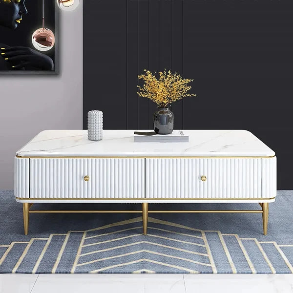 White Faux Marble Rectangle Coffee Table in Gold with Storage 4 Drawers