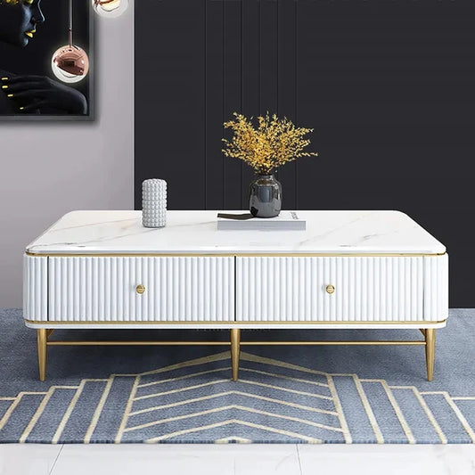 White Faux Marble Rectangle Coffee Table in Gold with Storage 4 Drawers