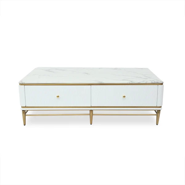 White Faux Marble Rectangle Coffee Table in Gold with Storage 4 Drawers