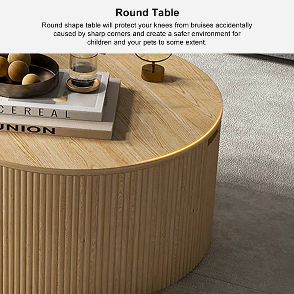 Japandi Round Wood Coffee Table Set of 2 with Storage in Natural