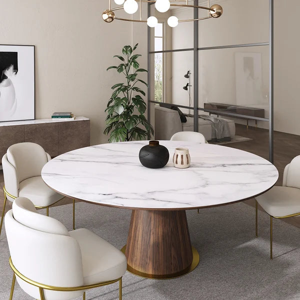 Mid-Century Modern 48' Round Dining Table White Sintered Stone Top for 4 sitter