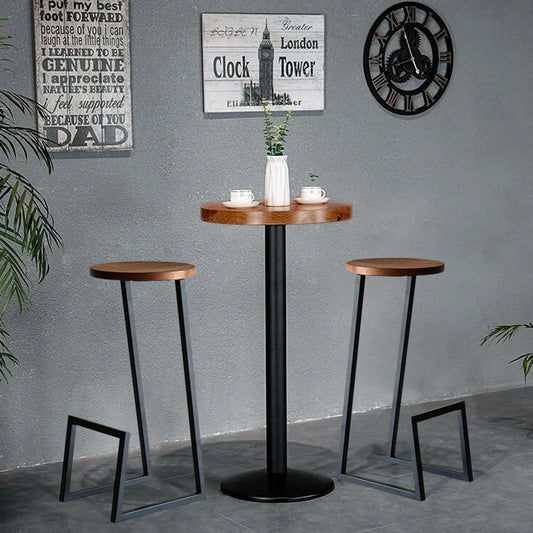 Industrial Black Wood Bar Stools (Set of 2) Backless with Metal Legs