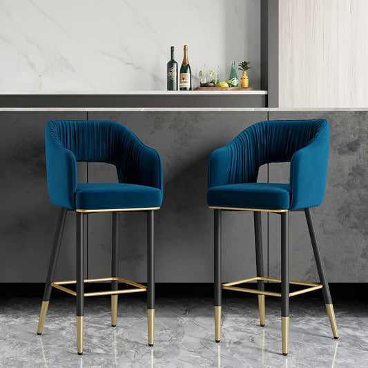 Modern Blue Velvet Bar Stool with Back & Metal Footrest