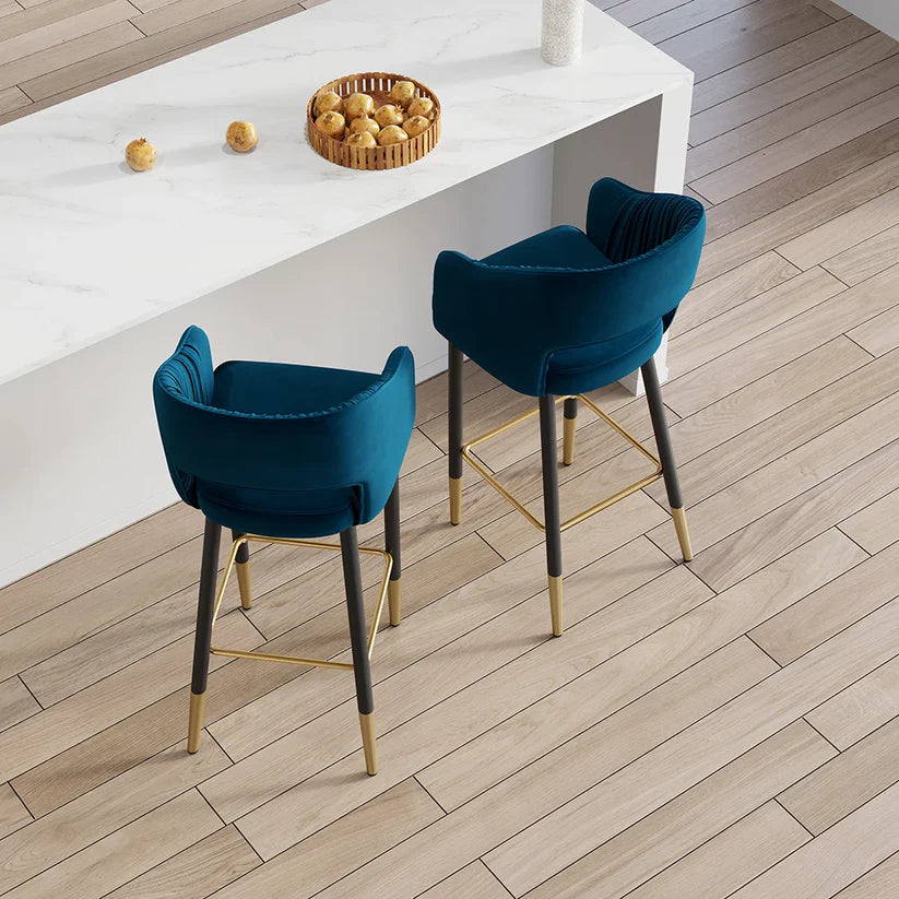 Modern Blue Velvet Bar Stool with Back & Metal Footrest