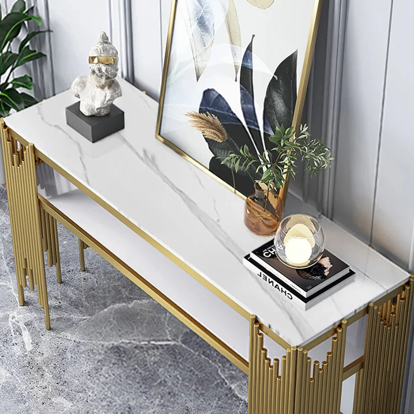Modern White Faux Marble Narrow Console Table