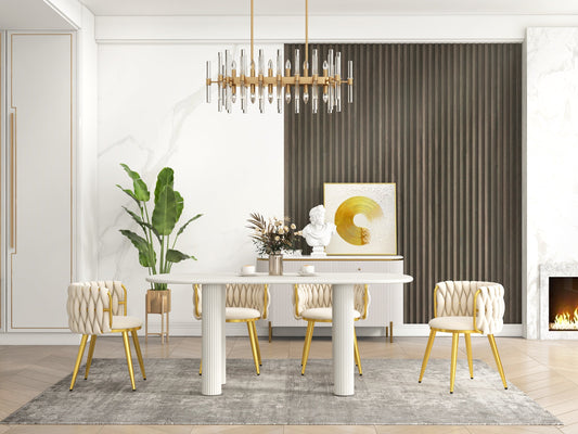 Ovel Dining Set with Golden Base and white or golden Chairs.