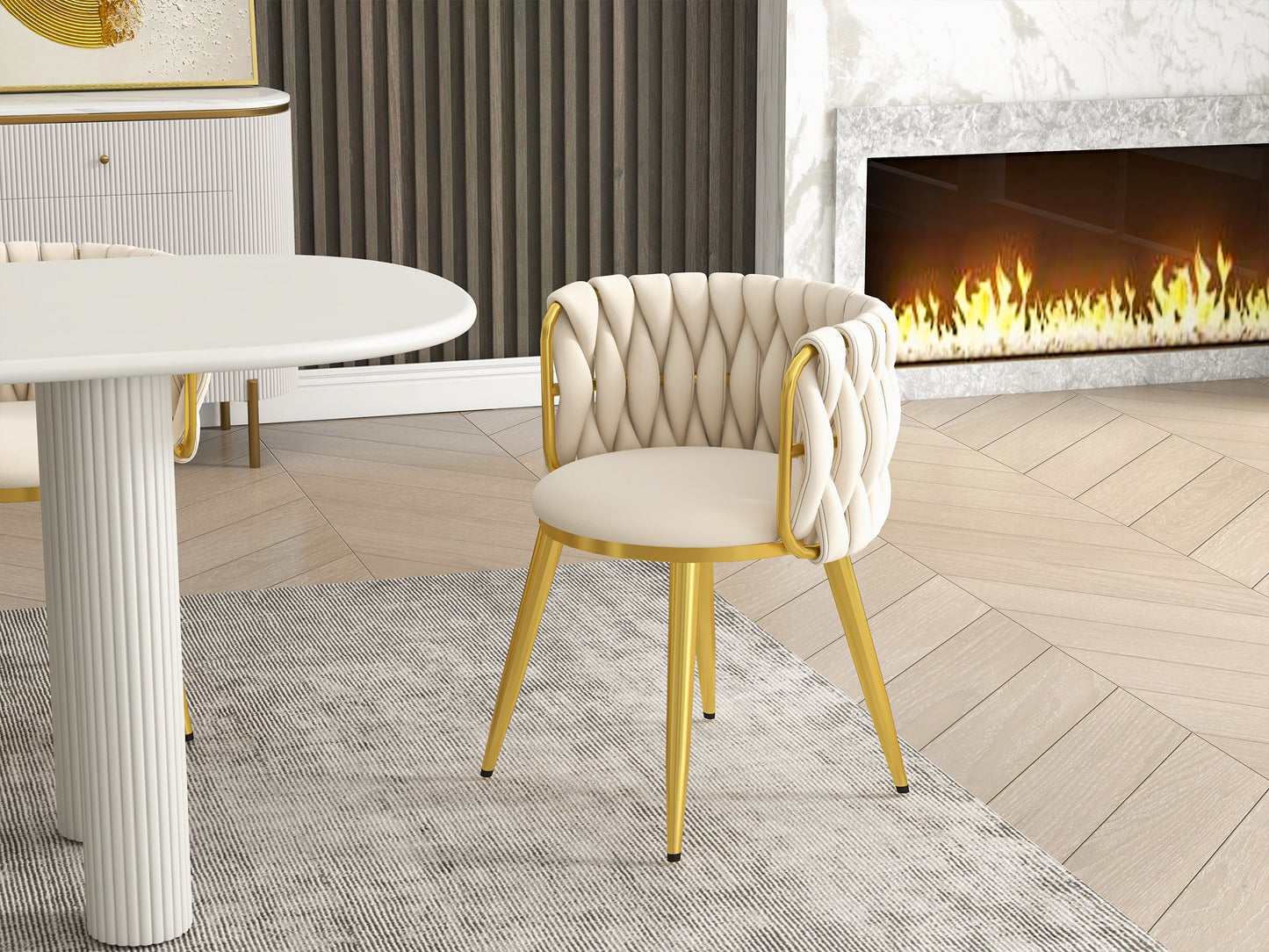 Ovel Dining Set with Golden Base and white or golden Chairs.