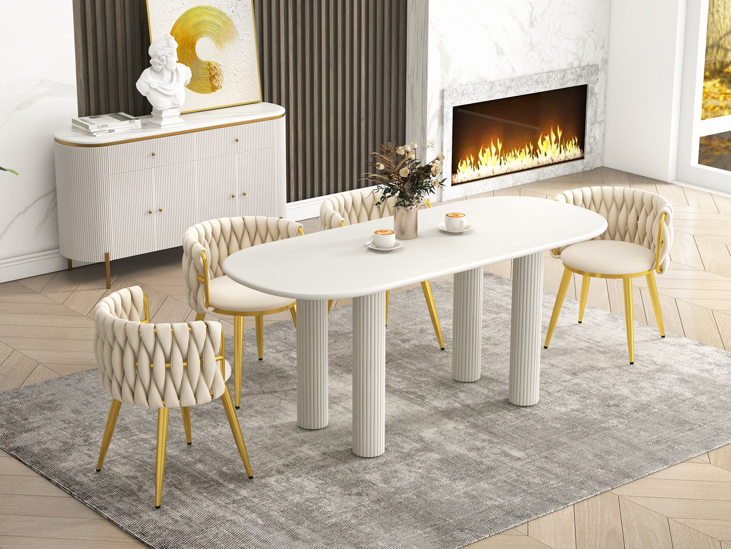 Ovel Dining Set with Golden Base and white or golden Chairs.