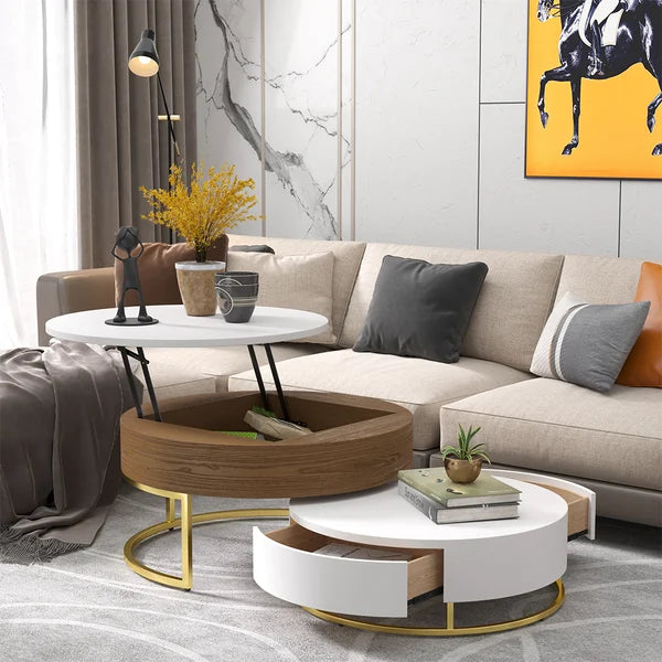 Nesnesis Round Wood Lift-top Nesting Coffee Table with Rotatable Drawers White & Walnut