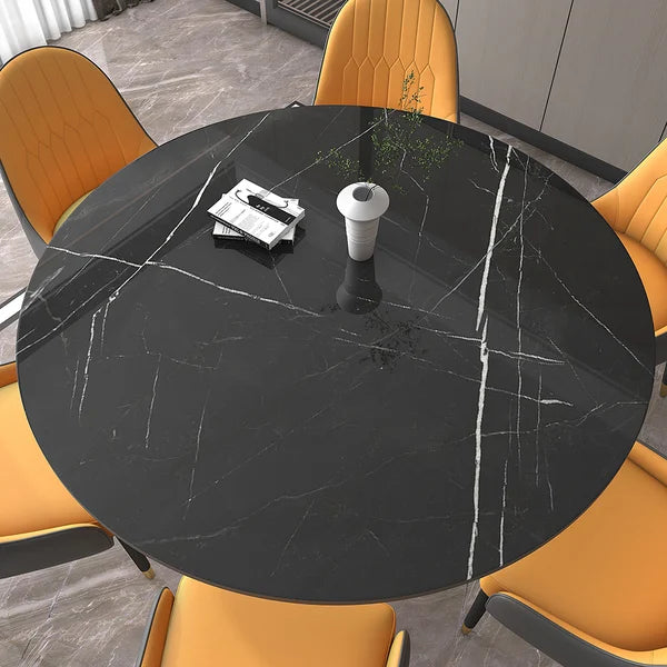 47'' Black Modern Round Faux Marble Dining Table for 6 Person Gold Steel Pedestal Base