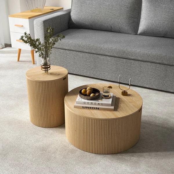 Japandi Round Wood Coffee Table Set of 2 with Storage in Natural