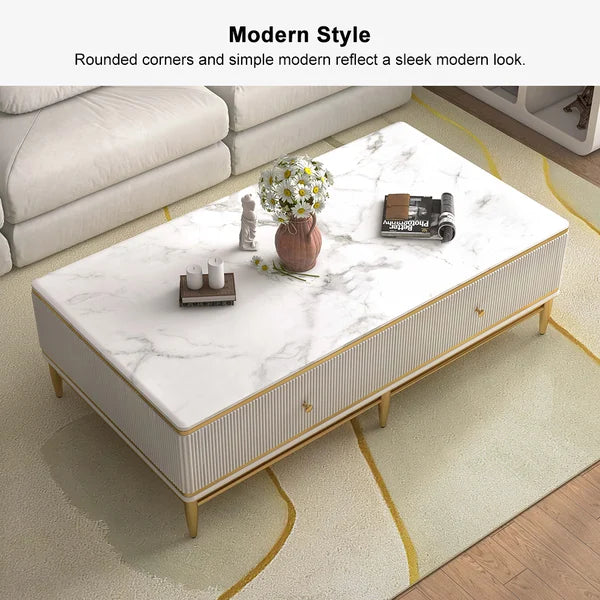 White Faux Marble Rectangle Coffee Table in Gold with Storage 4 Drawers