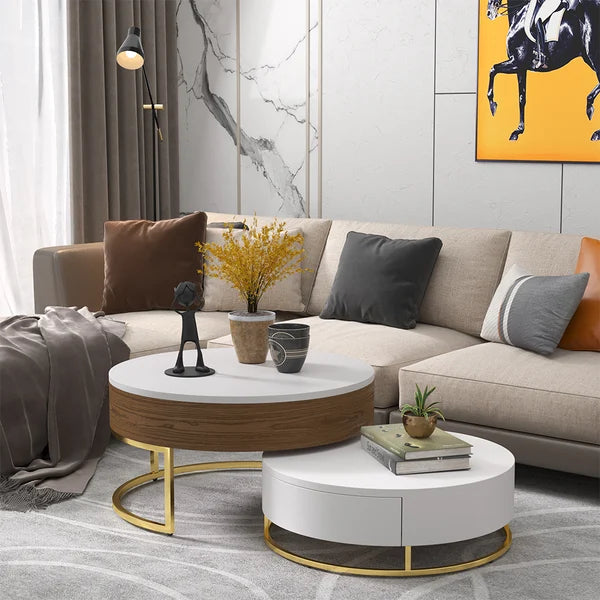Nesnesis Round Wood Lift-top Nesting Coffee Table with Rotatable Drawers White & Walnut