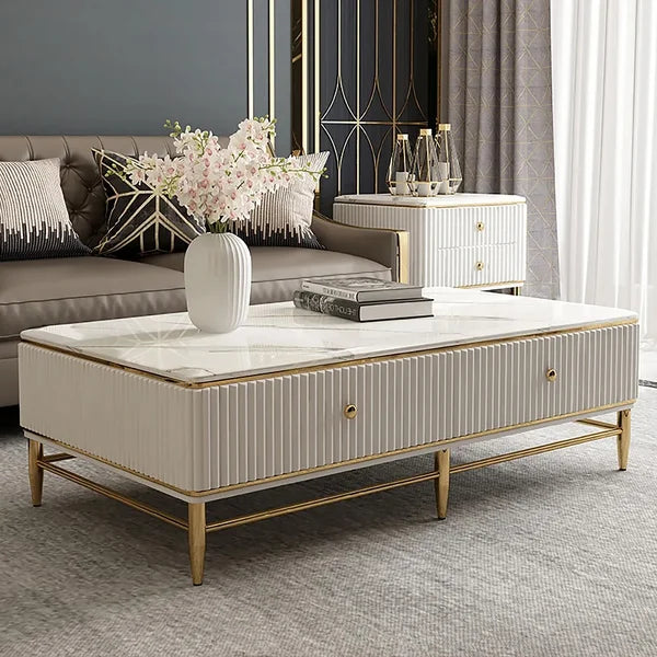 White Faux Marble Rectangle Coffee Table in Gold with Storage 4 Drawers