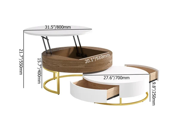 Nesnesis Round Wood Lift-top Nesting Coffee Table with Rotatable Drawers White & Walnut